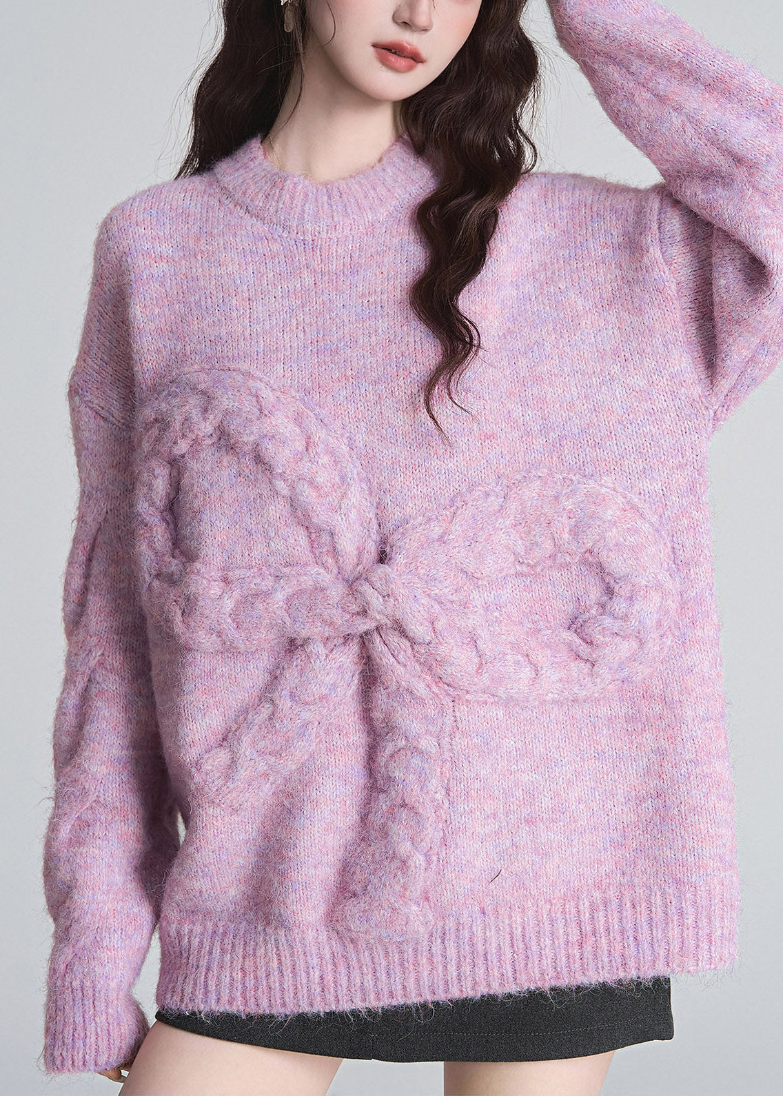 Strickpullover Damen Oversize mit Rundhalsausschnitt und Zopfstrickschleife