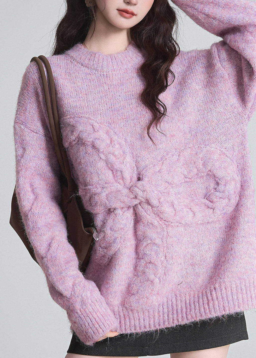 Strickpullover Damen Oversize mit Rundhalsausschnitt und Zopfstrickschleife