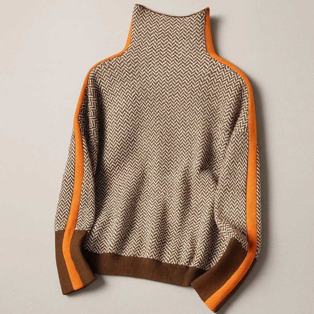 Strickpullover Damen wärmend mit Stehkragen und Kontraststreifen