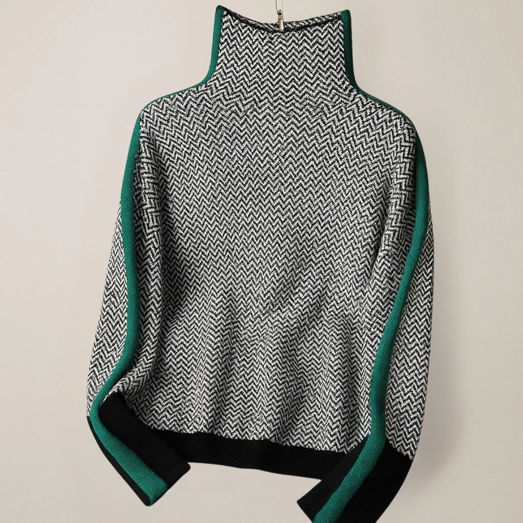 Strickpullover Damen wärmend mit Stehkragen und Kontraststreifen