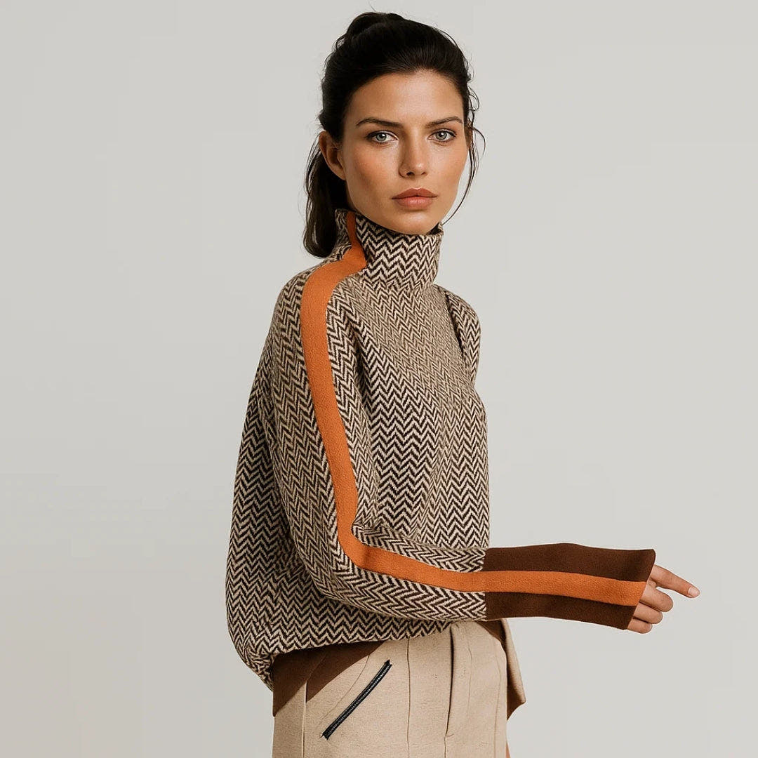 Strickpullover Damen wärmend mit Stehkragen und Kontraststreifen