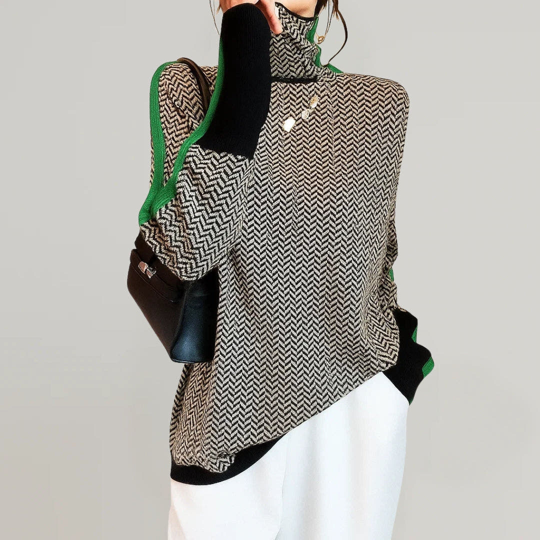 Strickpullover Damen wärmend mit Stehkragen und Kontraststreifen