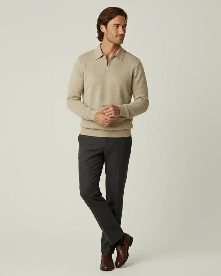 Strickpullover Herren in Strukturstrick mit Polokragen und Reissverschluss