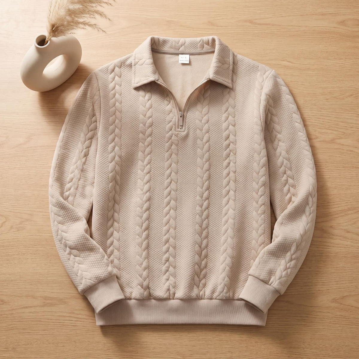 Strickpullover Herren mit Zopfmuster, Polokragen und kurzem Reissverschluss