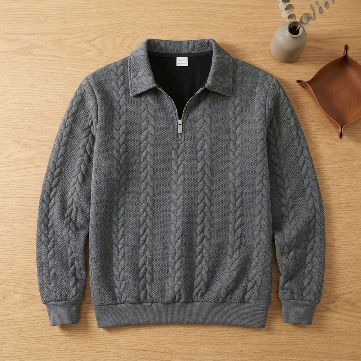 Strickpullover Herren mit Zopfmuster, Polokragen und kurzem Reissverschluss