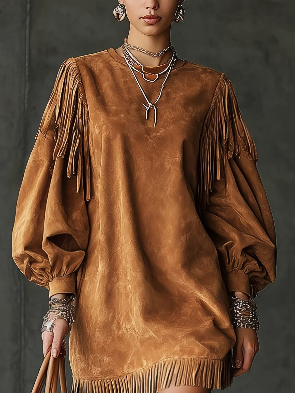 Kleid in Wildlederoptik mit Rundhals und Fransen für Damen