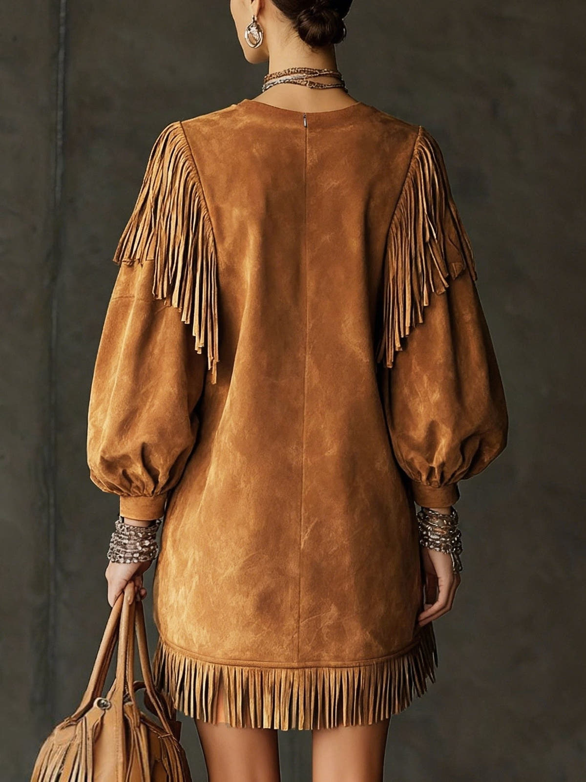 Kleid in Wildlederoptik mit Rundhals und Fransen für Damen