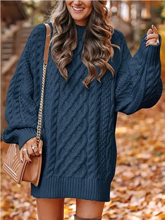 Strickkleid mit Zopfmuster, Puffärmeln und Oversize-Schnitt
