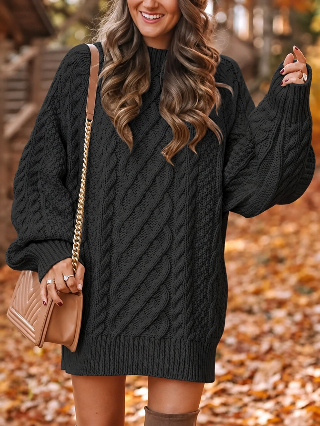 Strickkleid mit Zopfmuster, Puffärmeln und Oversize-Schnitt