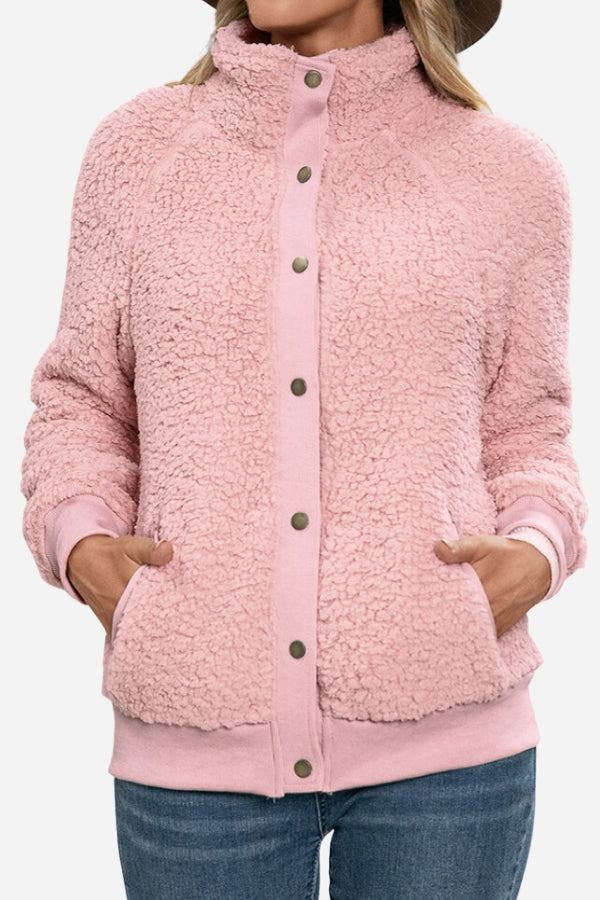 Teddyjacke Damen aus Sherpa, hüftlang mit Stehkragen