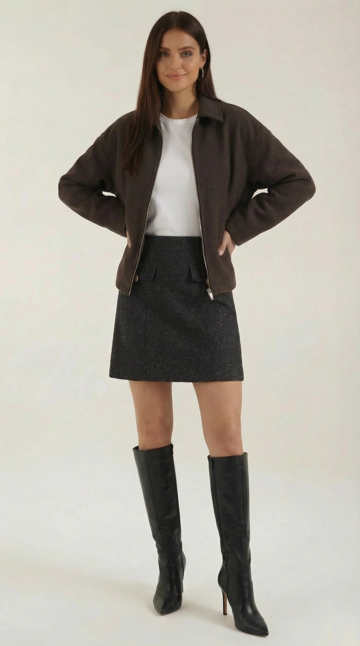Jacke mit durchgehendem Reissverschluss, Kragen und Taschen für Damen - Braun