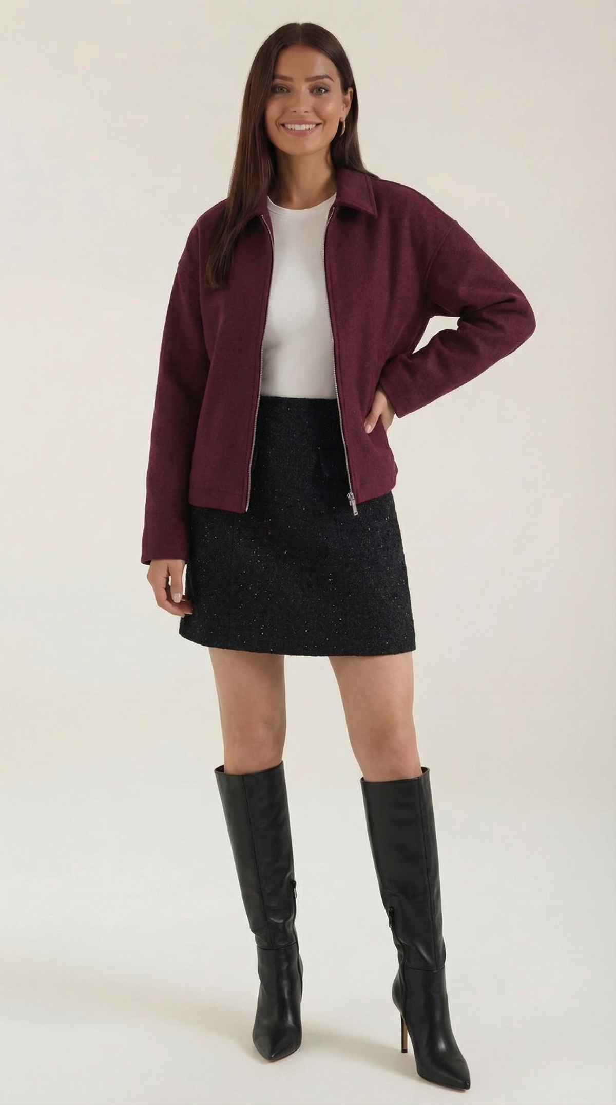 Jacke mit durchgehendem Reissverschluss, Kragen und Taschen für Damen - Burgunderrot