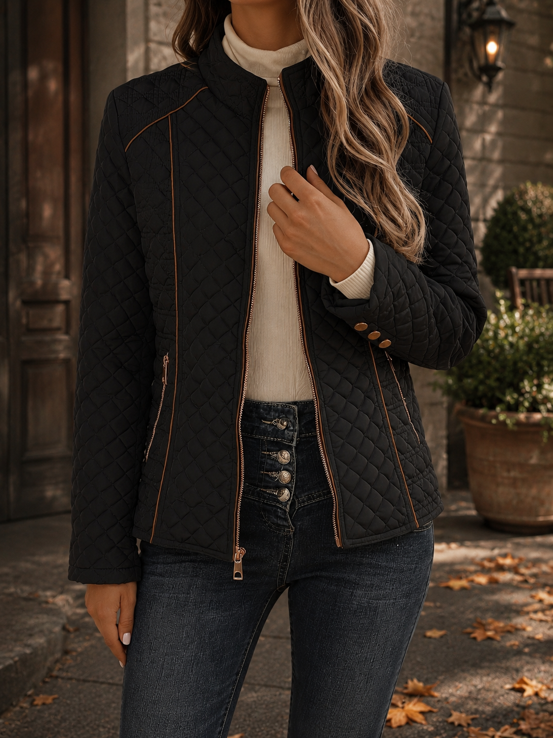 Steppjacke mit Rautensteppung und Kontrastpaspeln