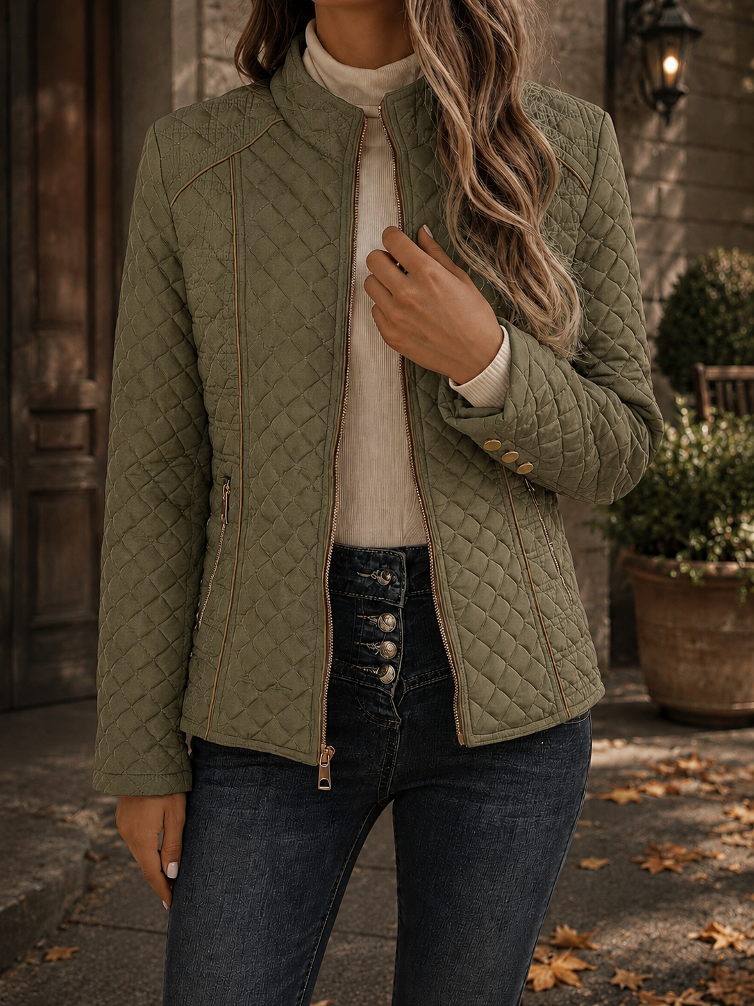 Steppjacke mit Rautensteppung und Kontrastpaspeln