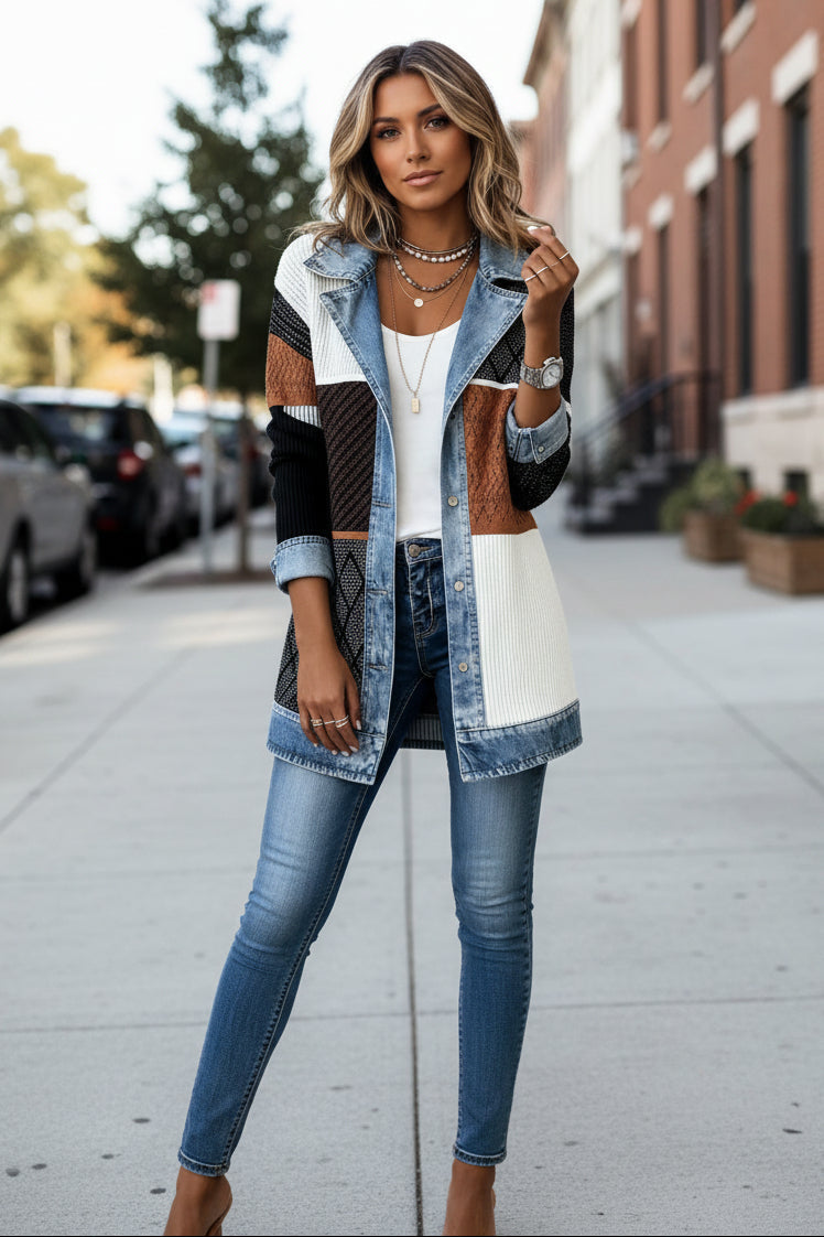 Strickjacke mit Denim-Besatz, Rippstrick-Einsätzen und Knopfleiste