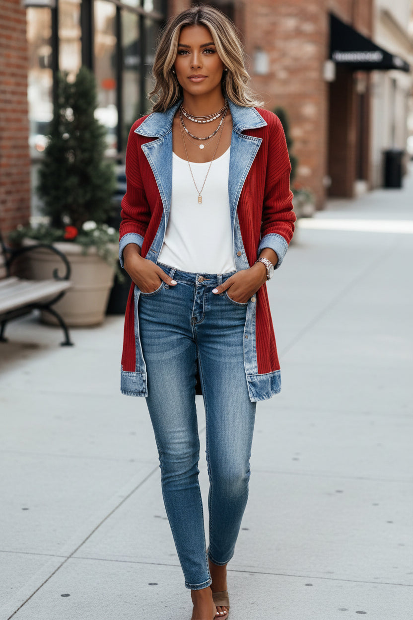 Strickjacke mit Denim-Besatz, Rippstrick-Einsätzen und Knopfleiste