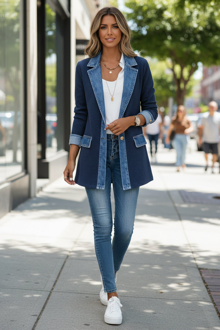 Strickjacke mit Denim-Besatz, Rippstrick-Einsätzen und Knopfleiste