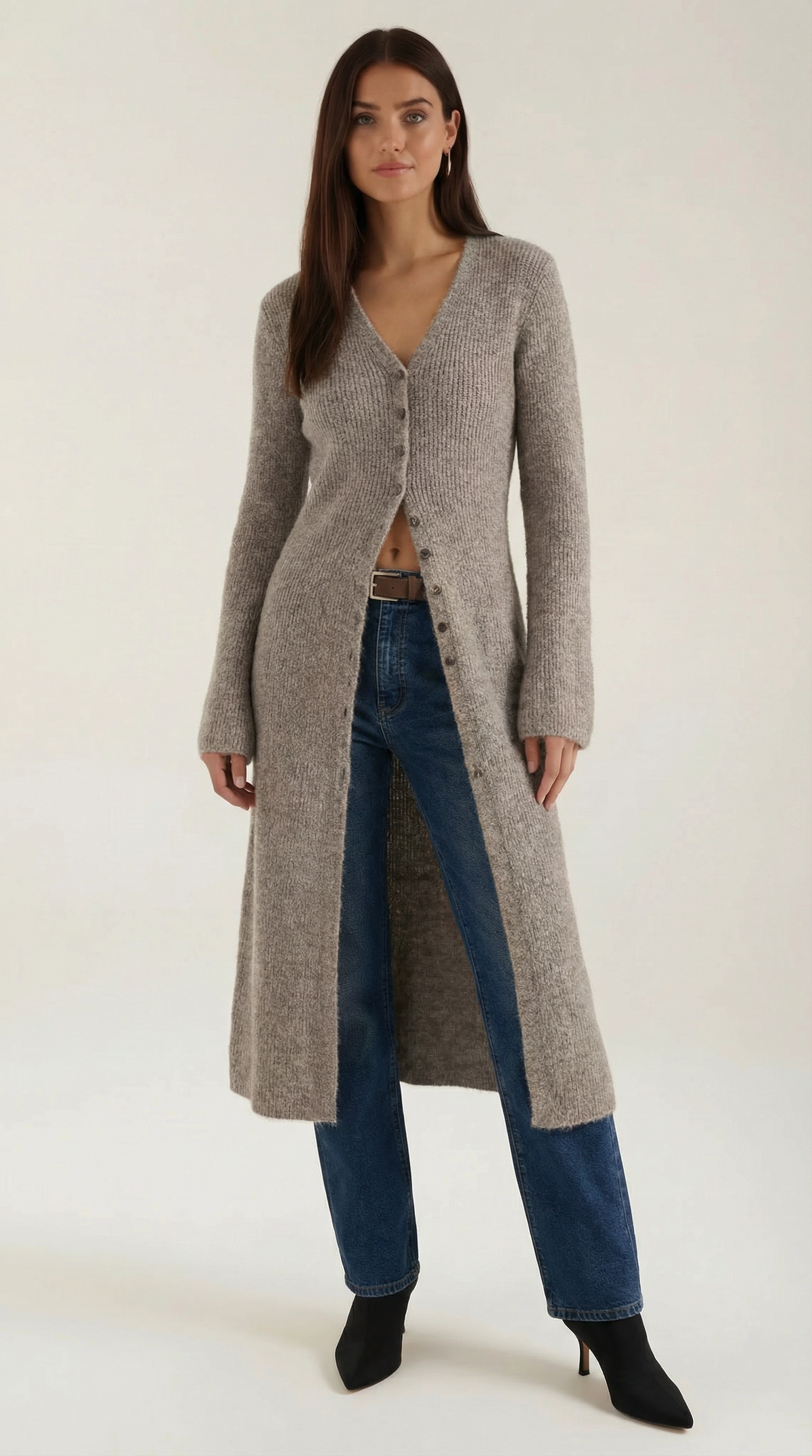 Lange Strickjacke mit Rippstruktur und V-Ausschnitt für Damen