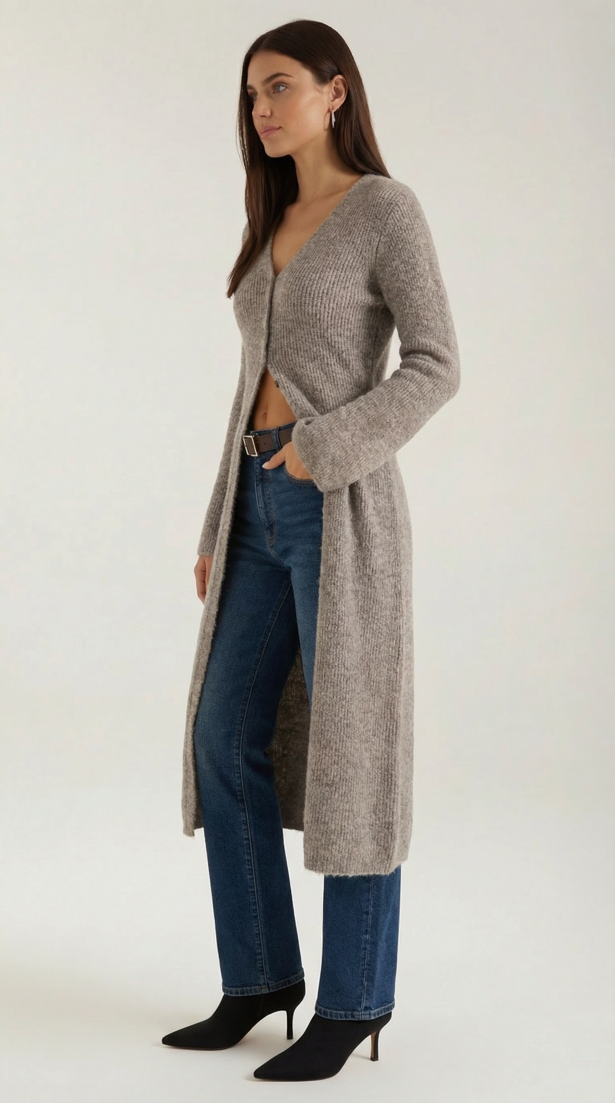 Lange Strickjacke mit Rippstruktur und V-Ausschnitt für Damen
