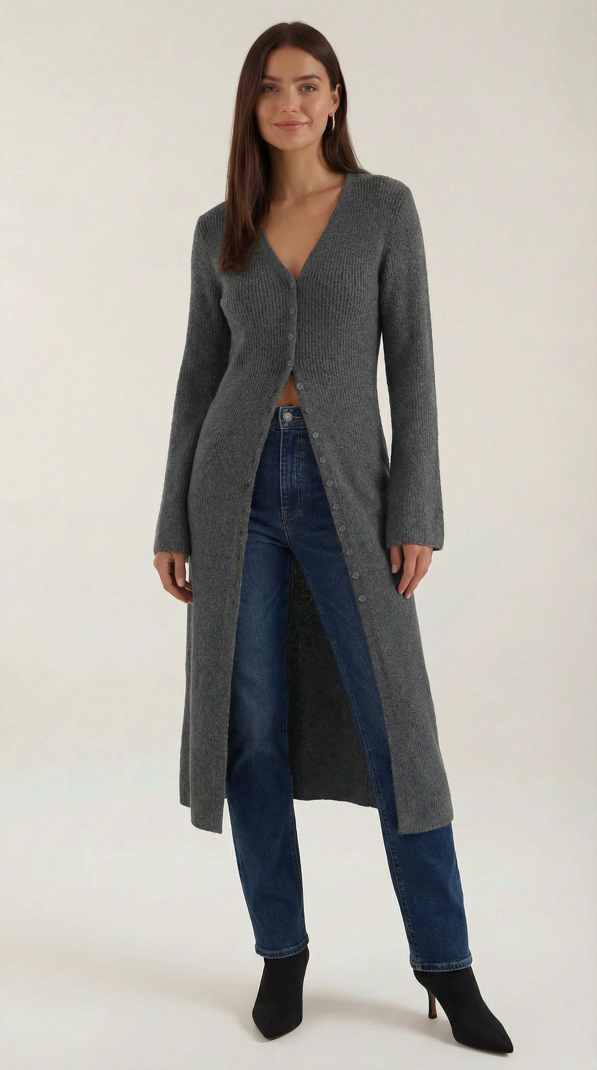 Lange Strickjacke mit Rippstruktur und V-Ausschnitt für Damen - Grau