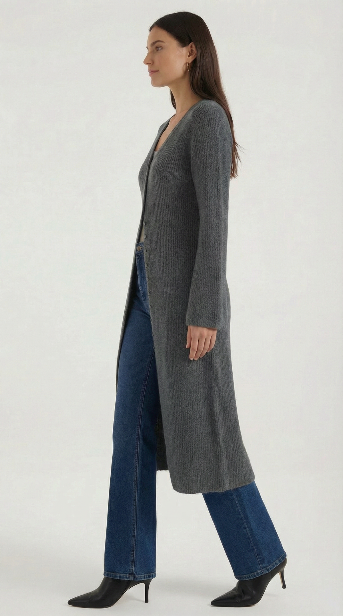 Lange Strickjacke mit Rippstruktur und V-Ausschnitt für Damen