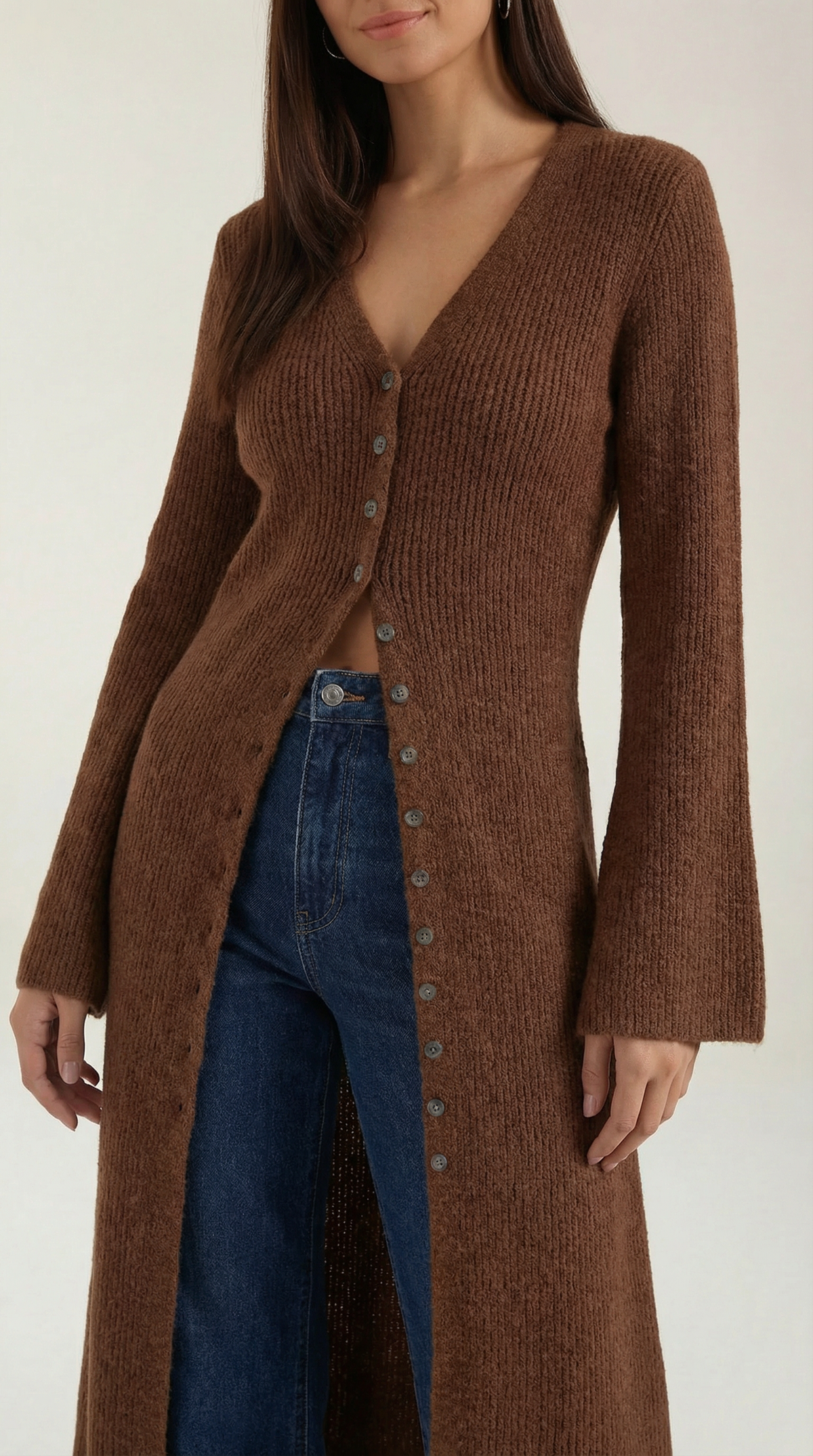 Lange Strickjacke mit Rippstruktur und V-Ausschnitt für Damen