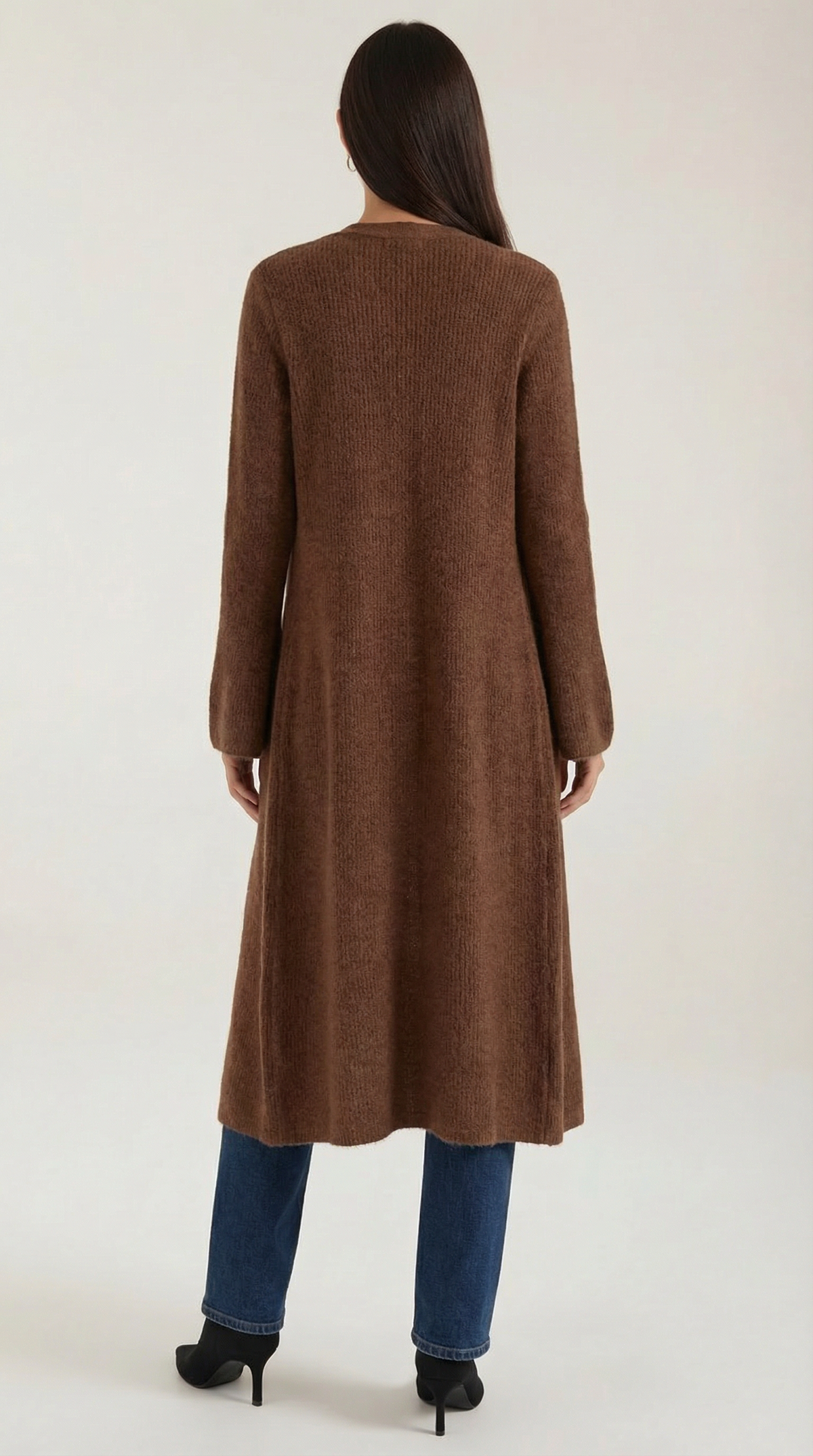 Lange Strickjacke mit Rippstruktur und V-Ausschnitt für Damen