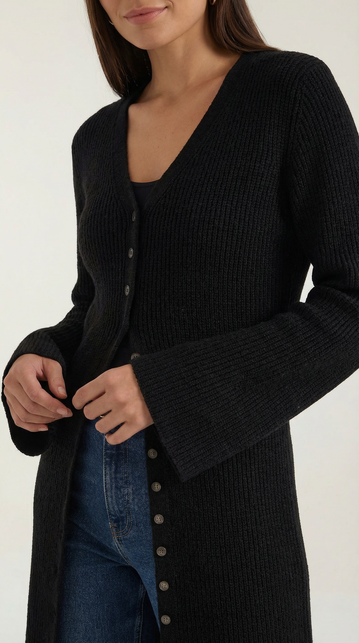 Lange Strickjacke mit Rippstruktur und V-Ausschnitt für Damen