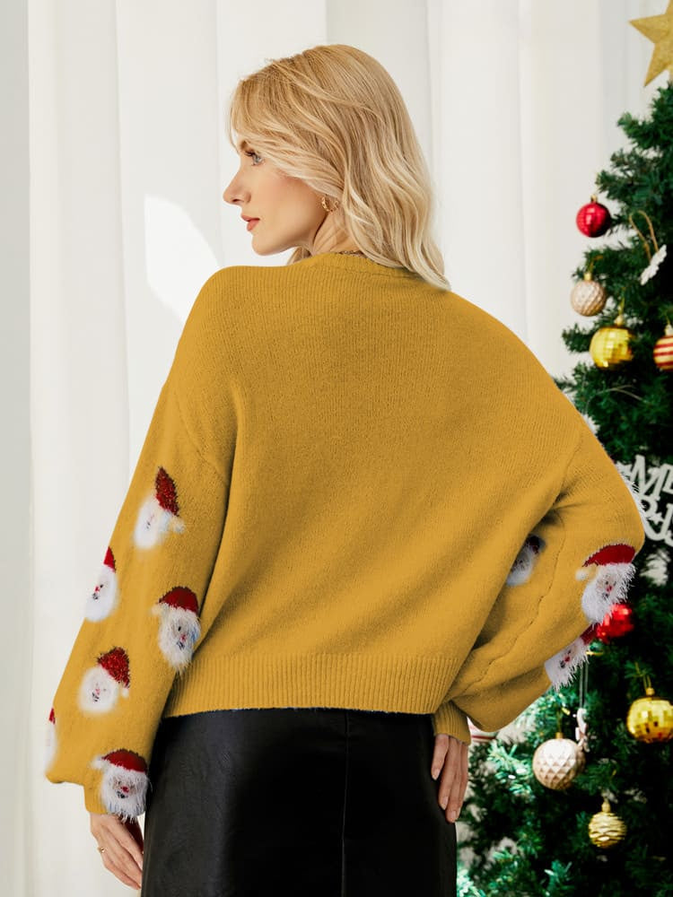 Weihnachtspullover Damen aus Strick mit Weihnachtsmann-Motiven, Langarm