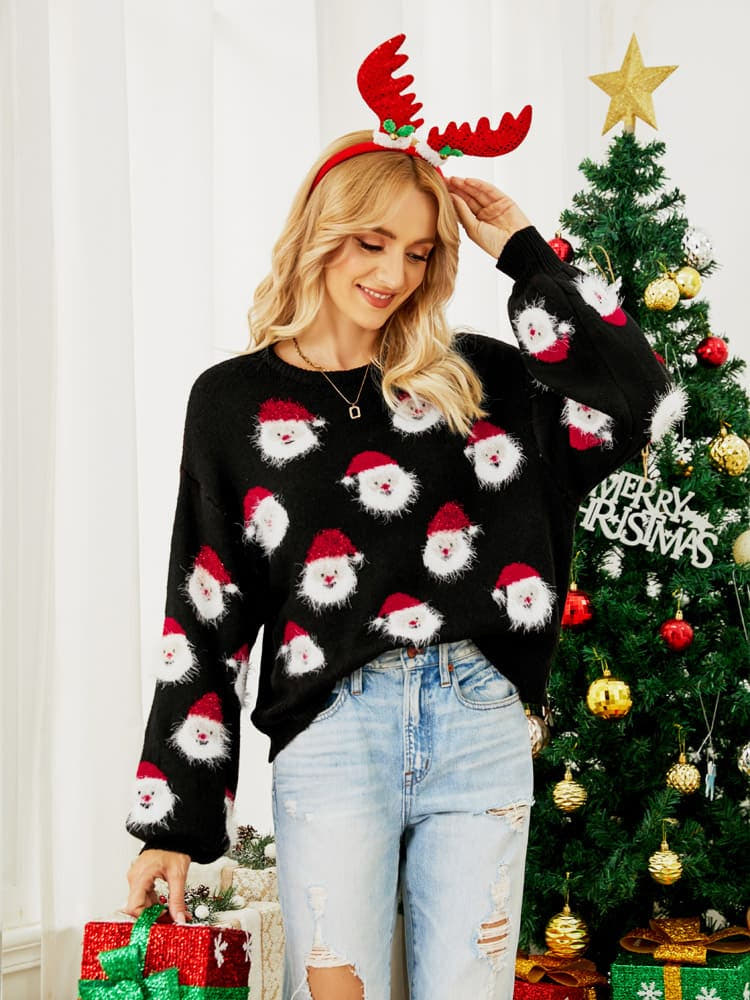 Weihnachtspullover Damen aus Strick mit Weihnachtsmann-Motiven, Langarm