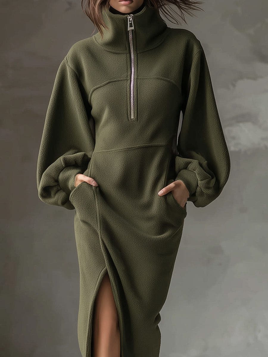 Kleid aus Fleece mit Halbreissverschluss und Laternenärmeln für Damen