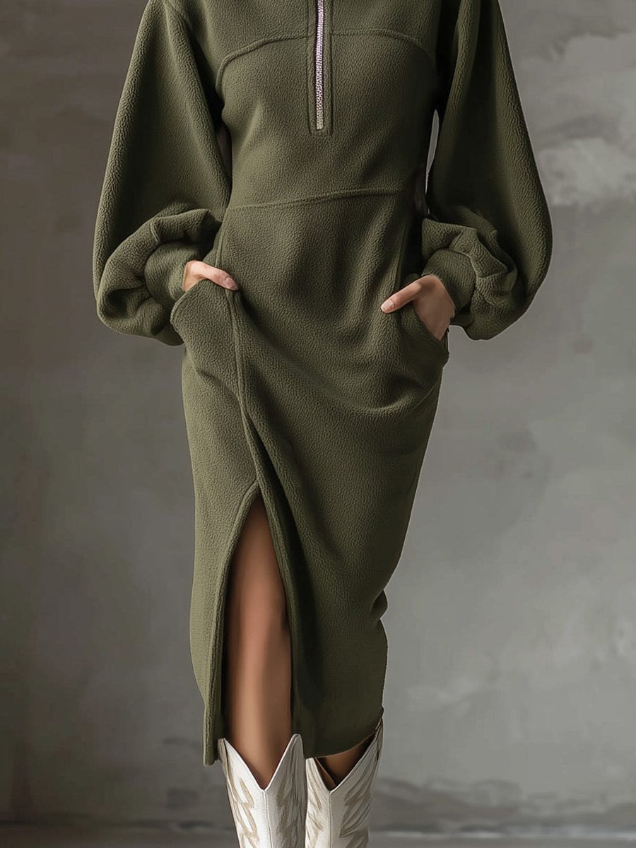 Kleid aus Fleece mit Halbreissverschluss und Laternenärmeln für Damen