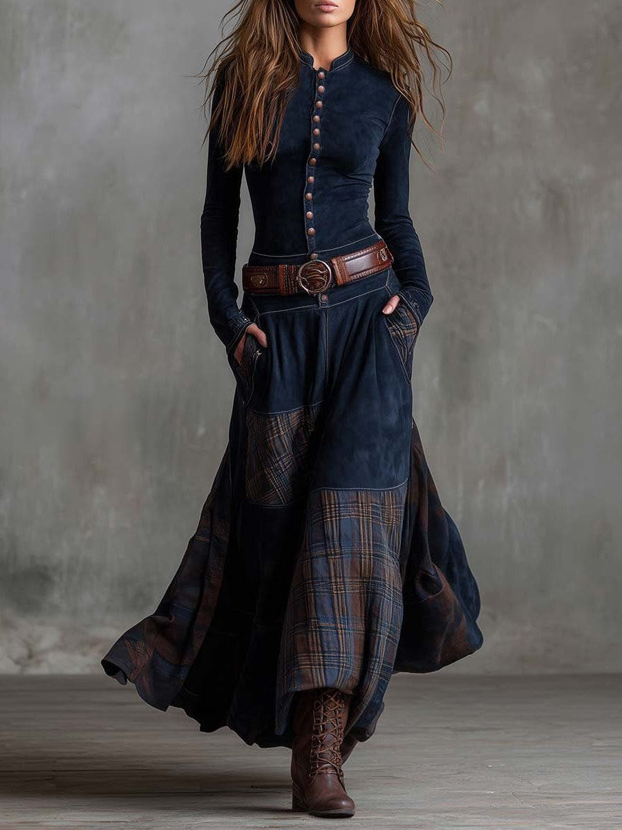 Langes Kleid mit Karo-Einsätzen und Knopfleiste für Damen