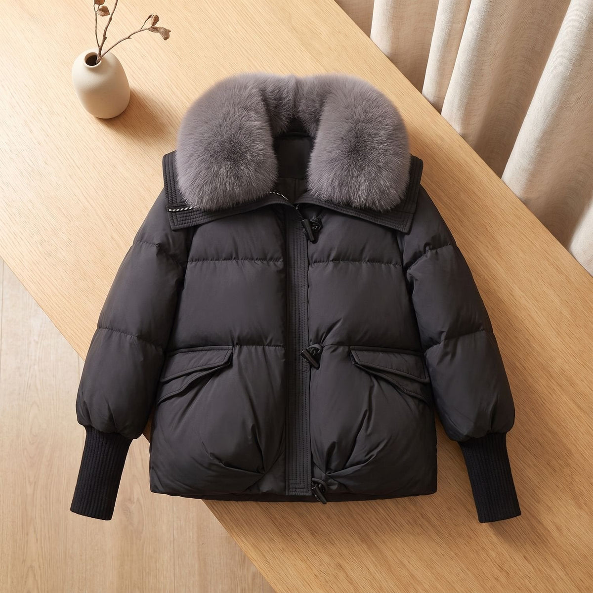 Winterjacke Damen leicht wattiert und kurz mit Kunstfellkragen