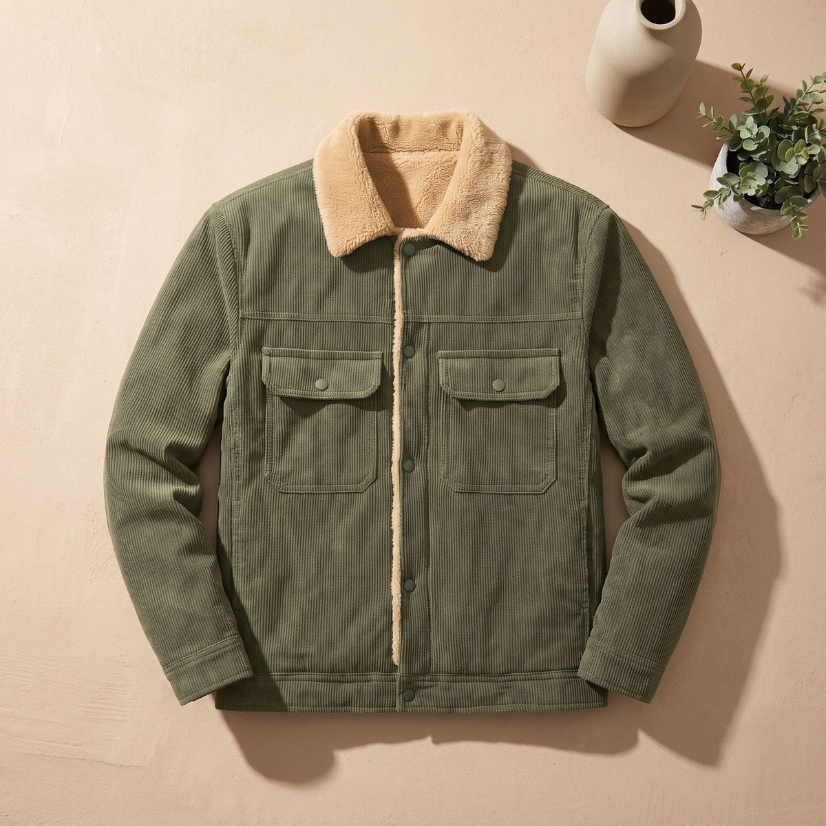 Winterjacke Herren aus Cord mit Sherpa-Futter, hüftlang