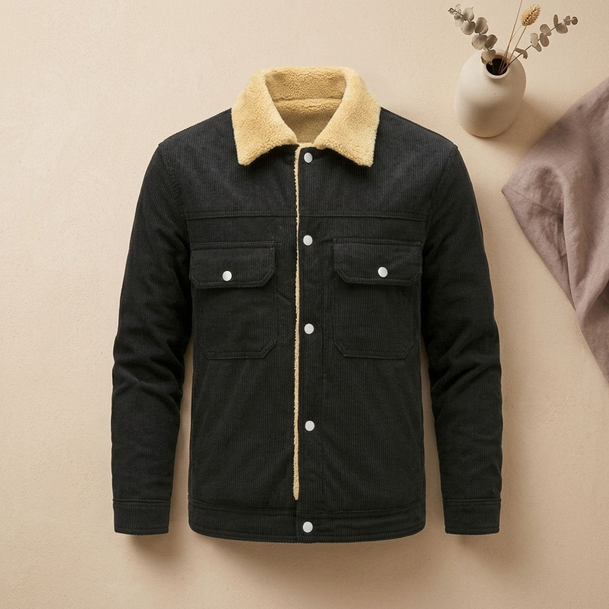 Winterjacke Herren aus Cord mit Sherpa-Futter, hüftlang