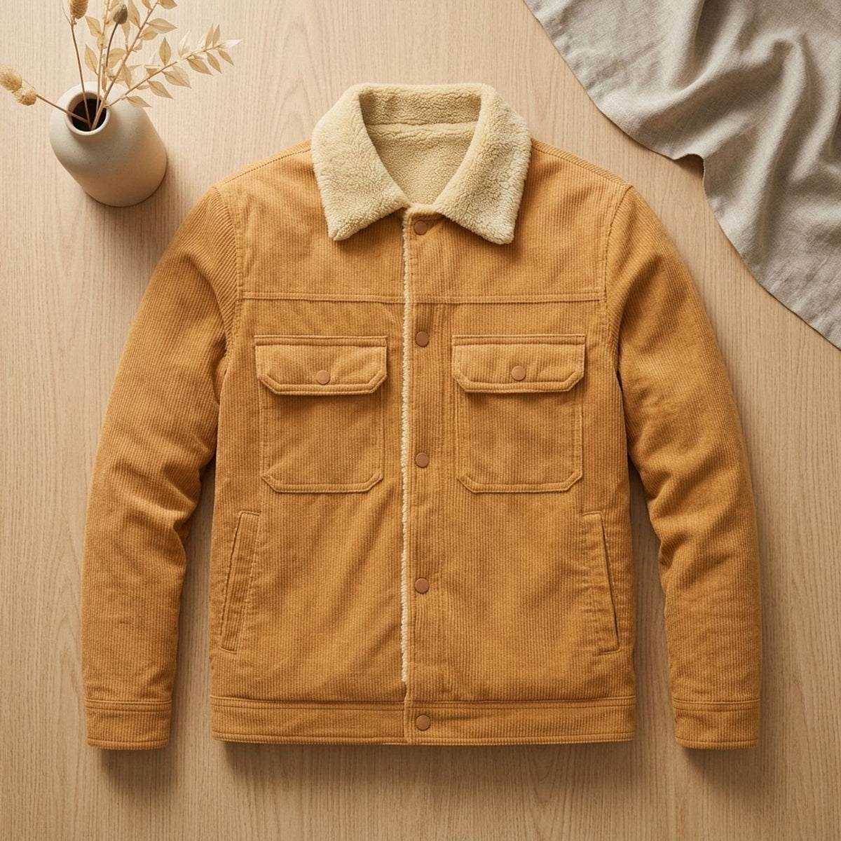 Winterjacke Herren aus Cord mit Sherpa-Futter, hüftlang