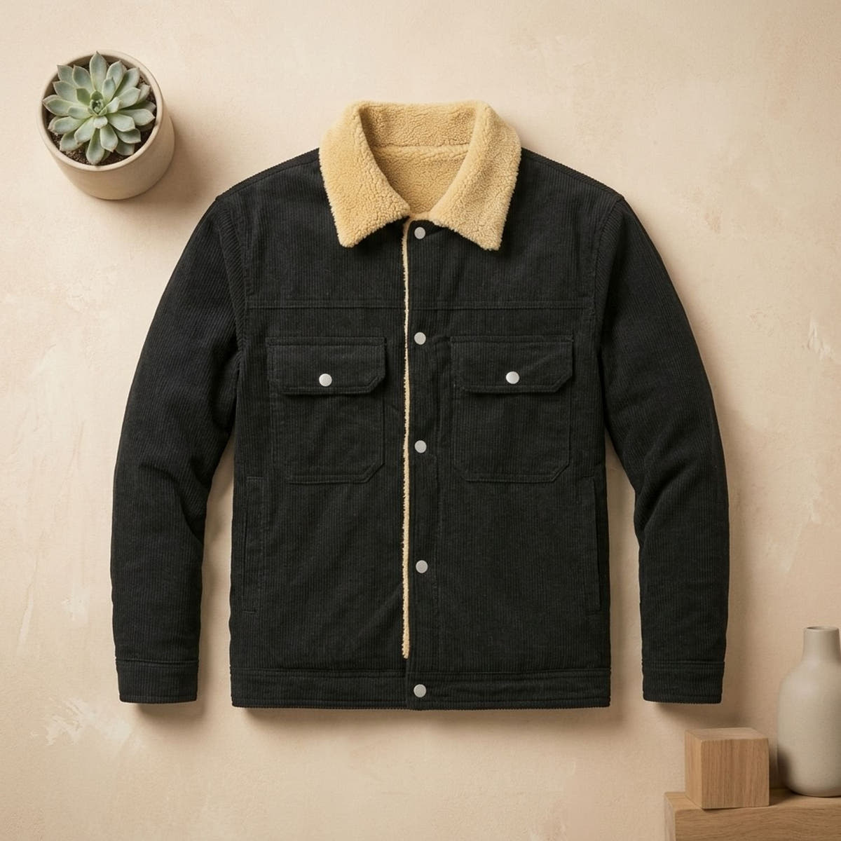 Winterjacke Herren aus Cord mit Sherpa-Futter, hüftlang