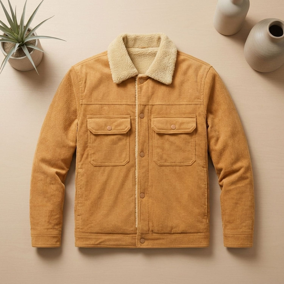 Winterjacke Herren aus Cord mit Sherpa-Futter, hüftlang