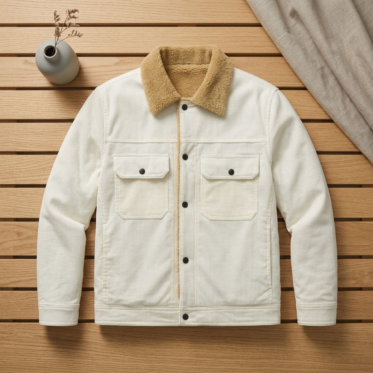 Winterjacke Herren aus Cord mit Sherpa-Futter, hüftlang