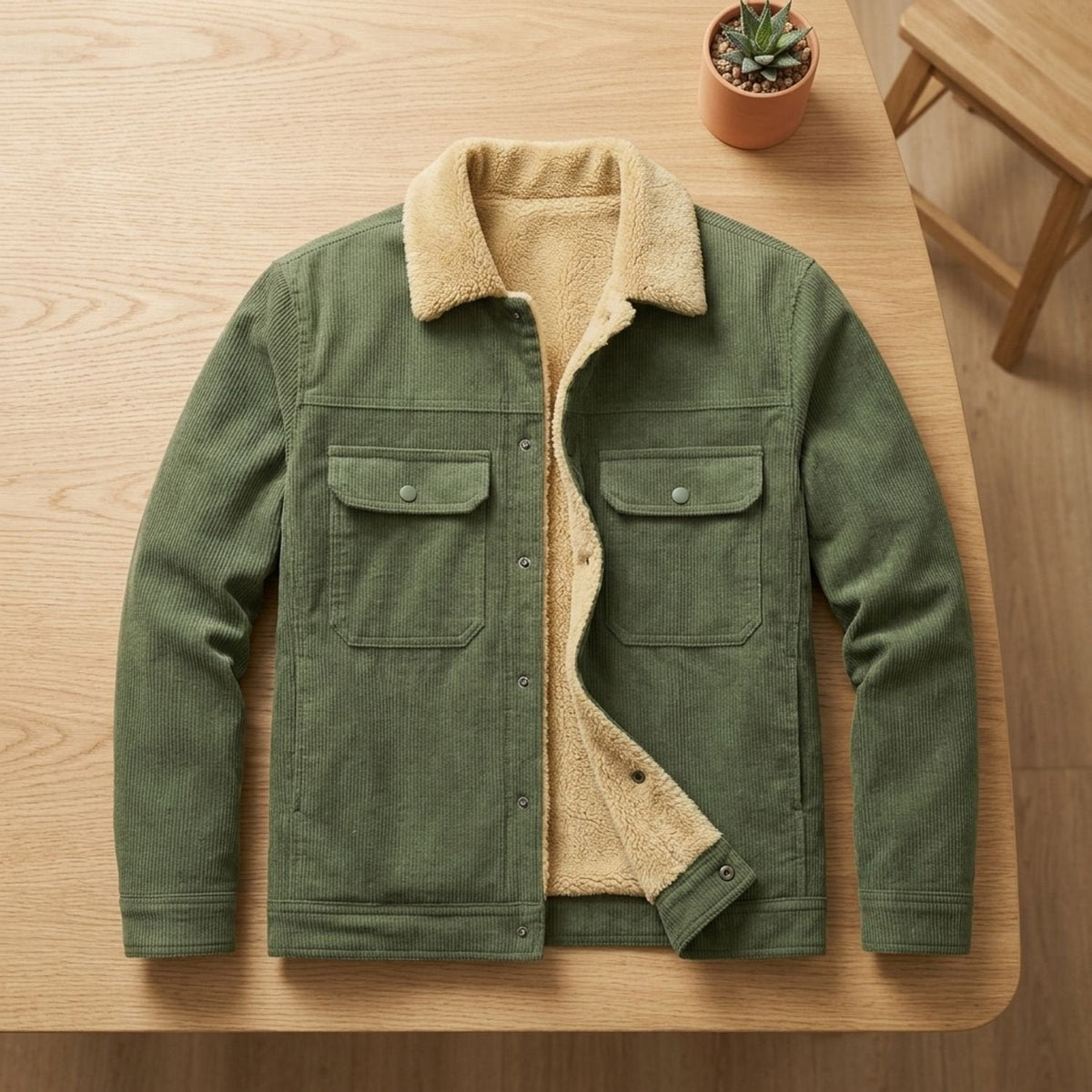 Winterjacke Herren aus Cord mit Sherpa-Futter, hüftlang