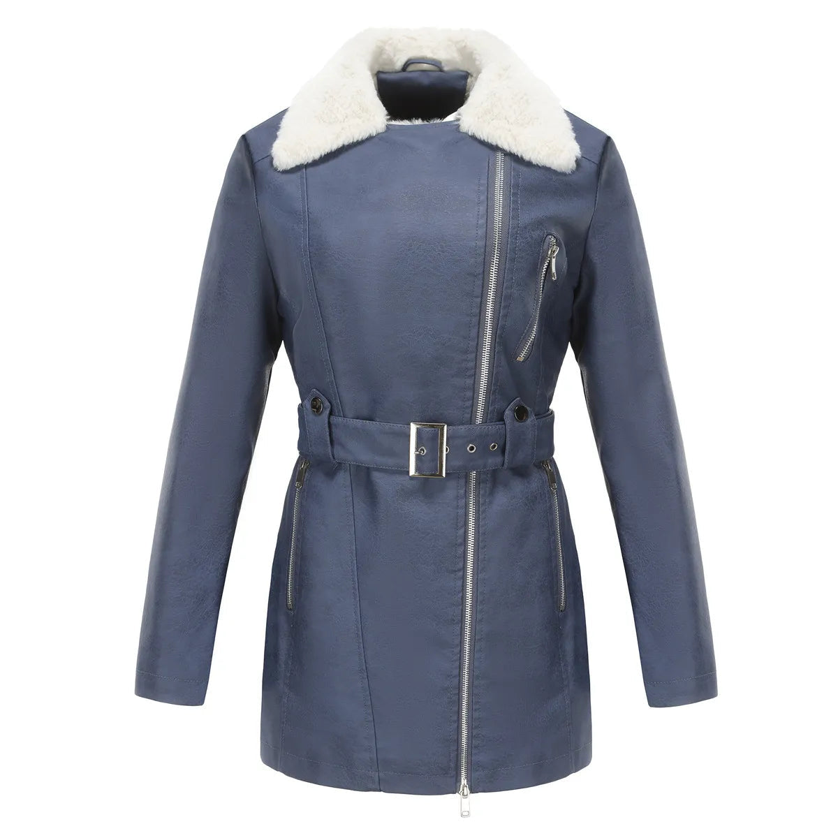 Wintermantel Damen aus Kunstleder mit Teddykragen und Gürtel