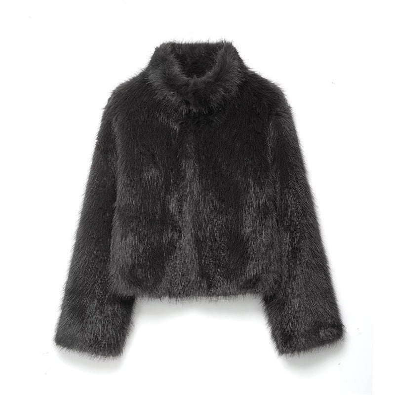 Wintermantel Damen kurz mit Pelzeffekt und Stehkragen