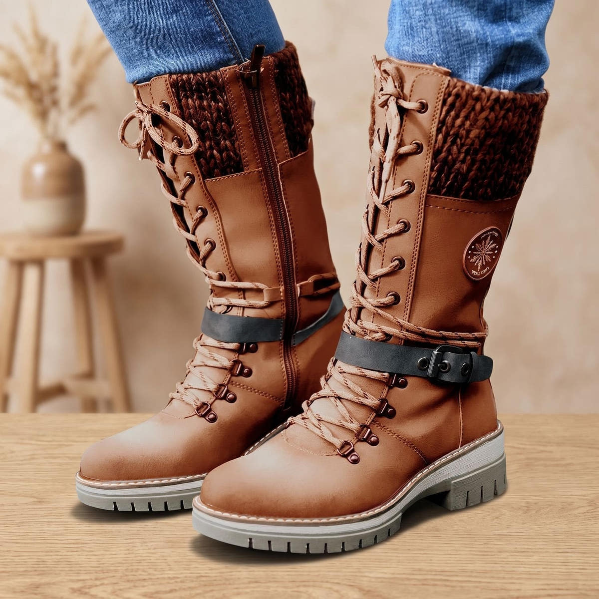 Winterstiefel Damen aus Kunstleder mit Teddyfleece-Futter und Strickbund