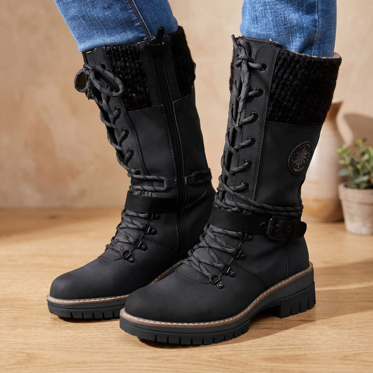 Winterstiefel Damen aus Kunstleder mit Teddyfleece-Futter und Strickbund