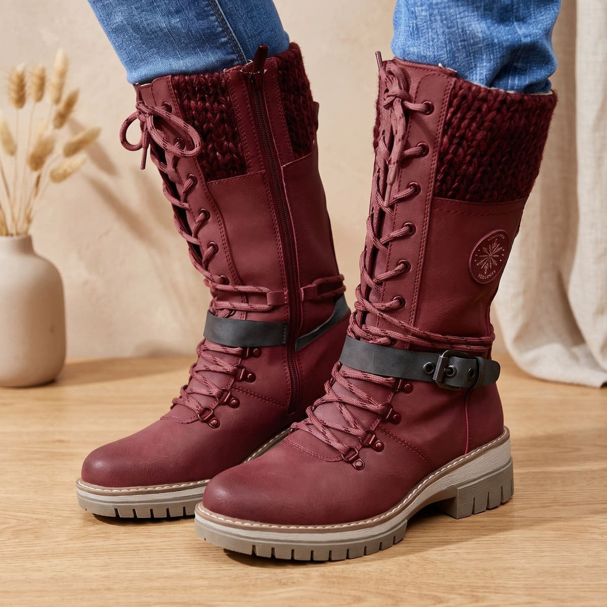Winterstiefel Damen aus Kunstleder mit Teddyfleece-Futter und Strickbund