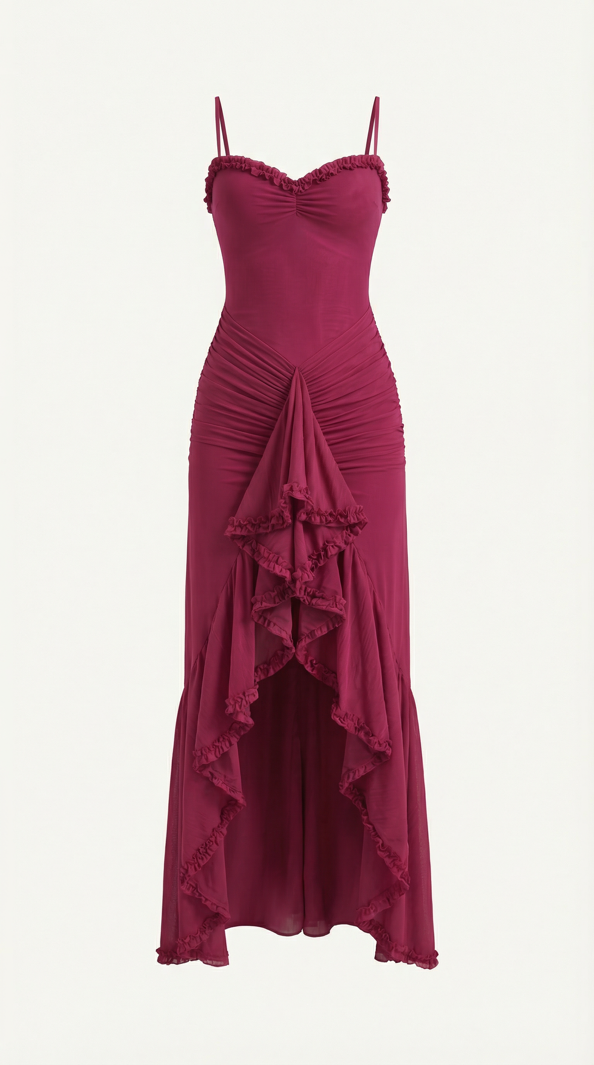 Langes Kleid mit Herzausschnitt und Rüschenbesatz für Damen