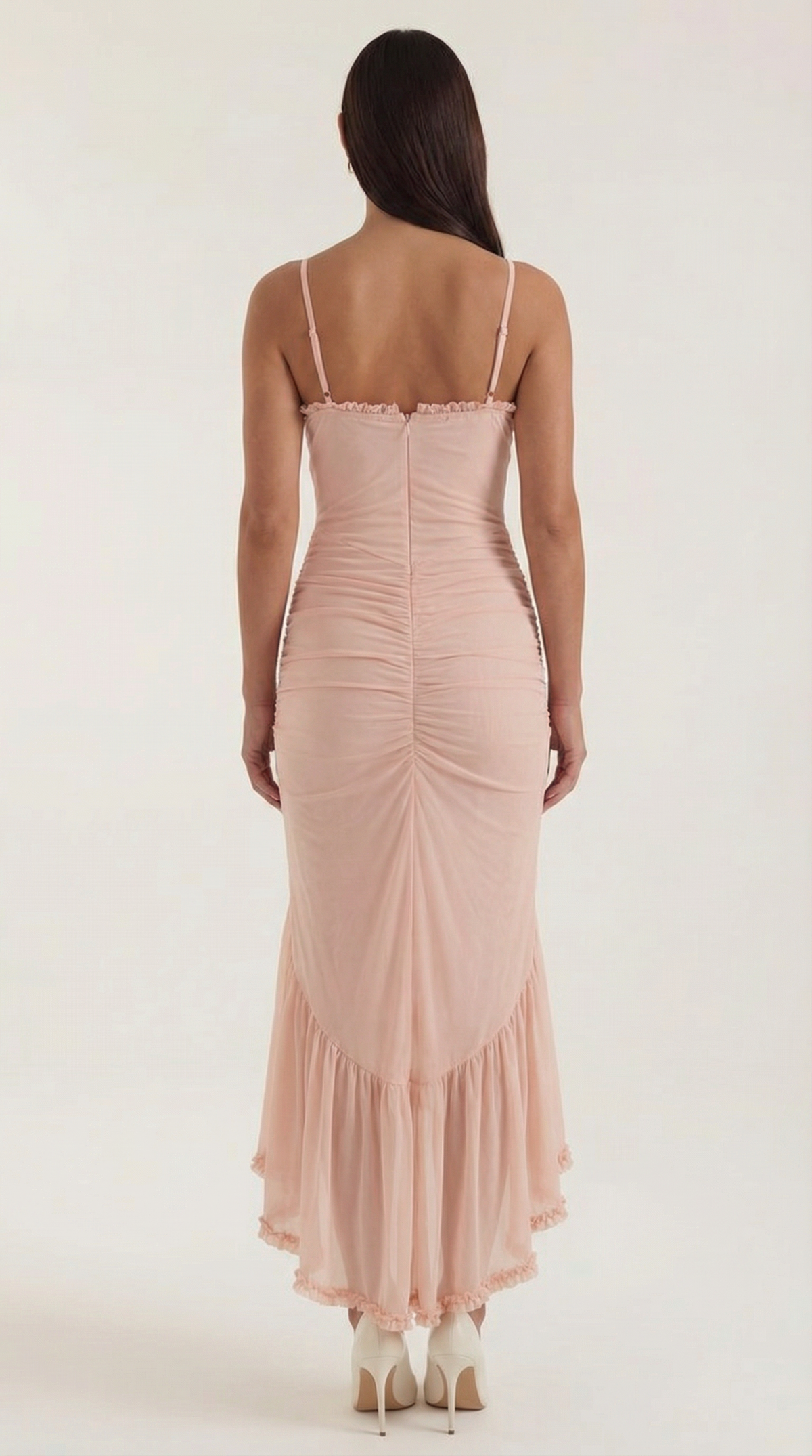 Langes Kleid mit Herzausschnitt und Rüschenbesatz für Damen