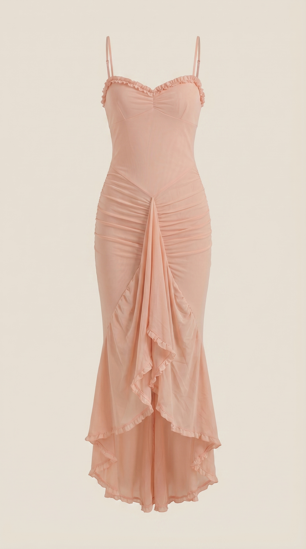 Langes Kleid mit Herzausschnitt und Rüschenbesatz für Damen