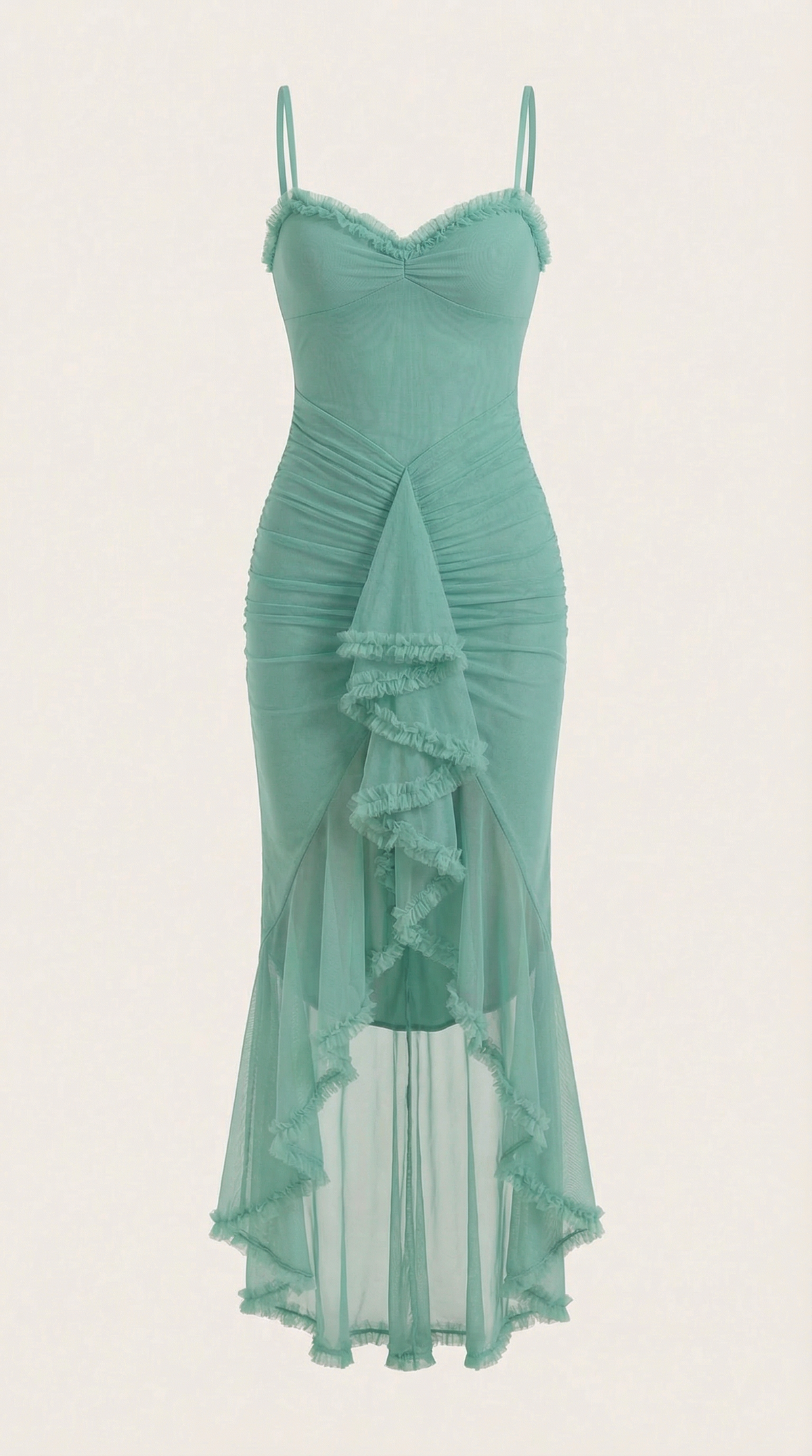 Langes Kleid mit Herzausschnitt und Rüschenbesatz für Damen